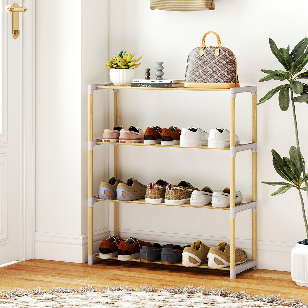 3/4-Tier Solid Wood Shoe Rack with Slatted Open Shelves-3/Shelves-4