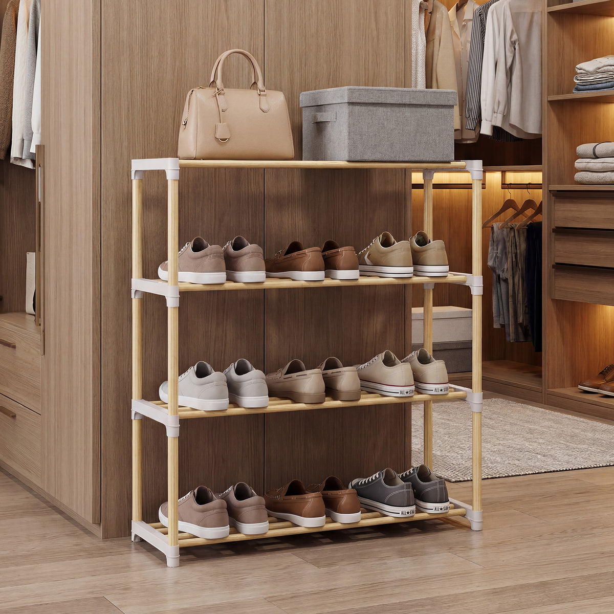 3/4-Tier Solid Wood Shoe Rack with Slatted Open Shelves-3/Shelves-4