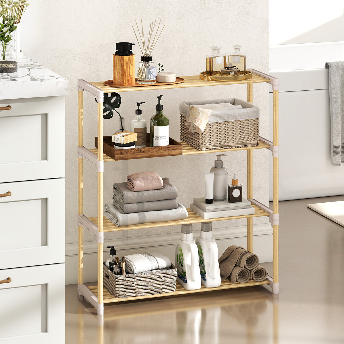 3/4-Tier Solid Wood Shoe Rack with Slatted Open Shelves-3/Shelves-4