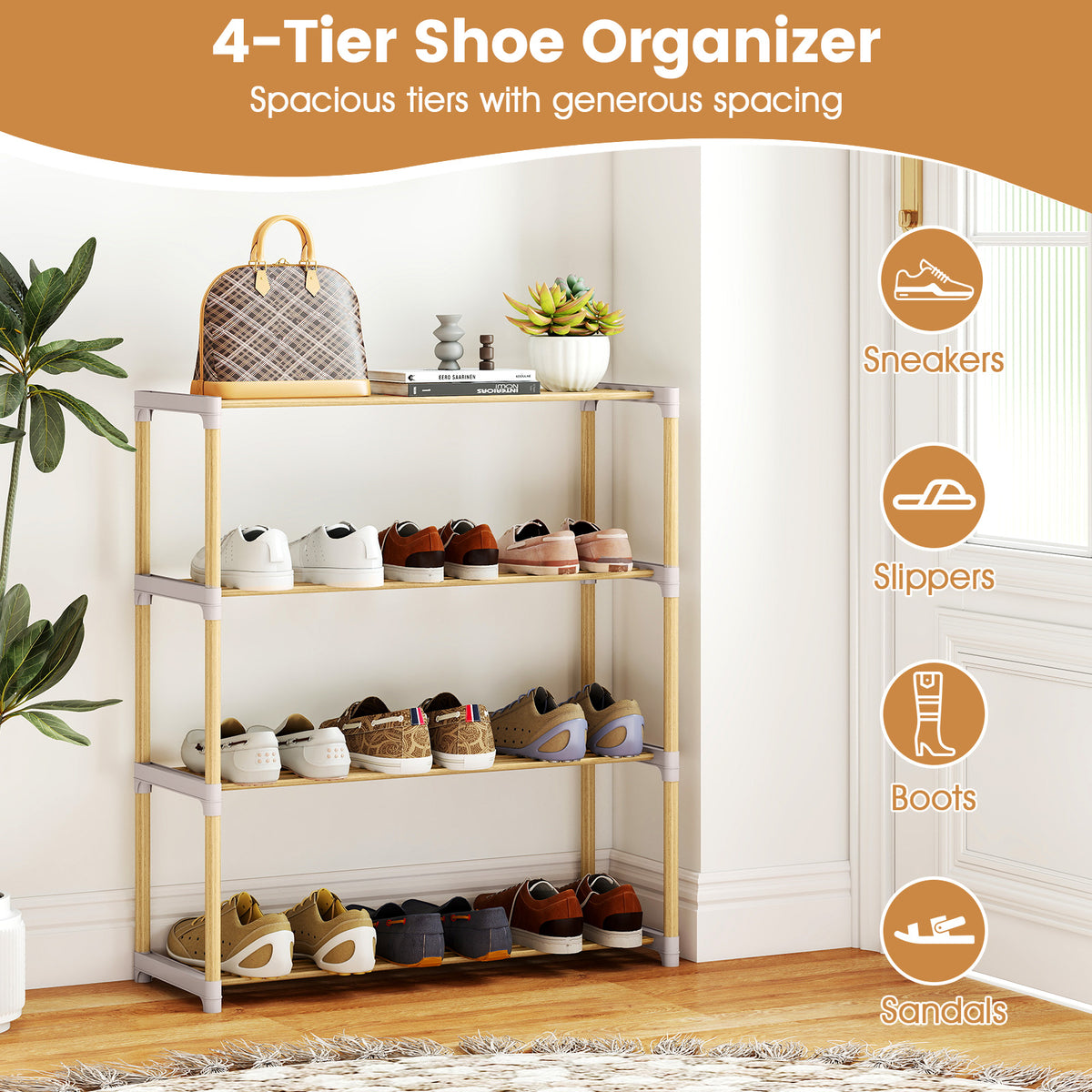 3/4-Tier Solid Wood Shoe Rack with Slatted Open Shelves-3/Shelves-4