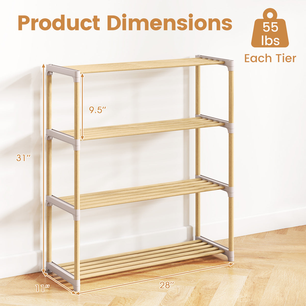 3/4-Tier Solid Wood Shoe Rack with Slatted Open Shelves-3/Shelves-4
