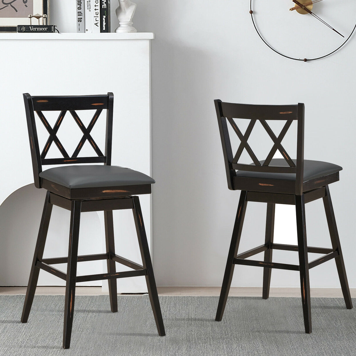 2 Pieces 29 Inches Swivel Counter Height Barstool Set with Rubber Wood Legs