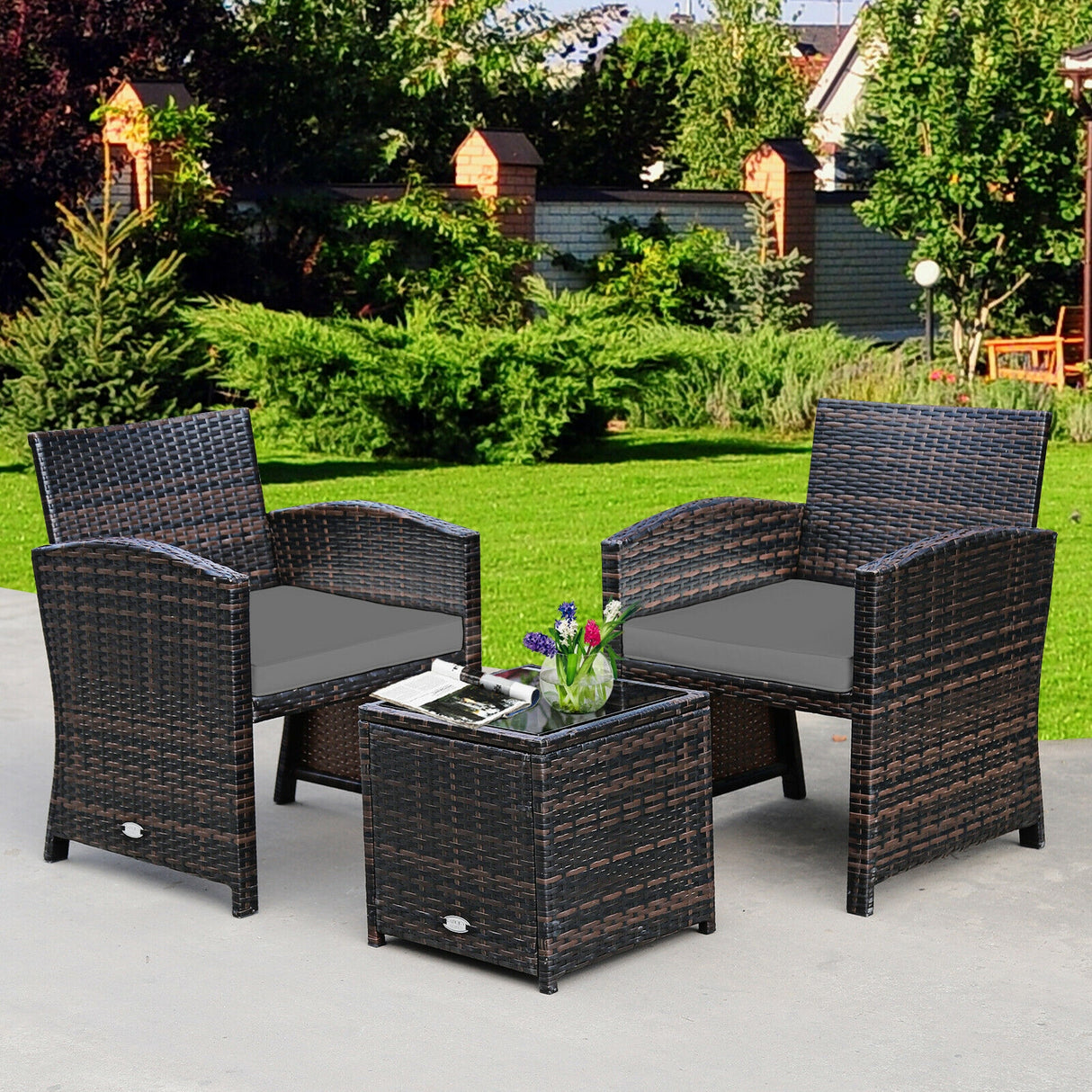 3 Pieces PE Rattan Wicker Furniture Set with Cushion Sofa Coffee Table for Garden