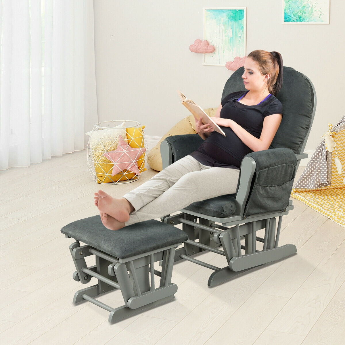 Baby Nursery Relax Rocker Rocking Chair Glider and Ottoman Set-Gray