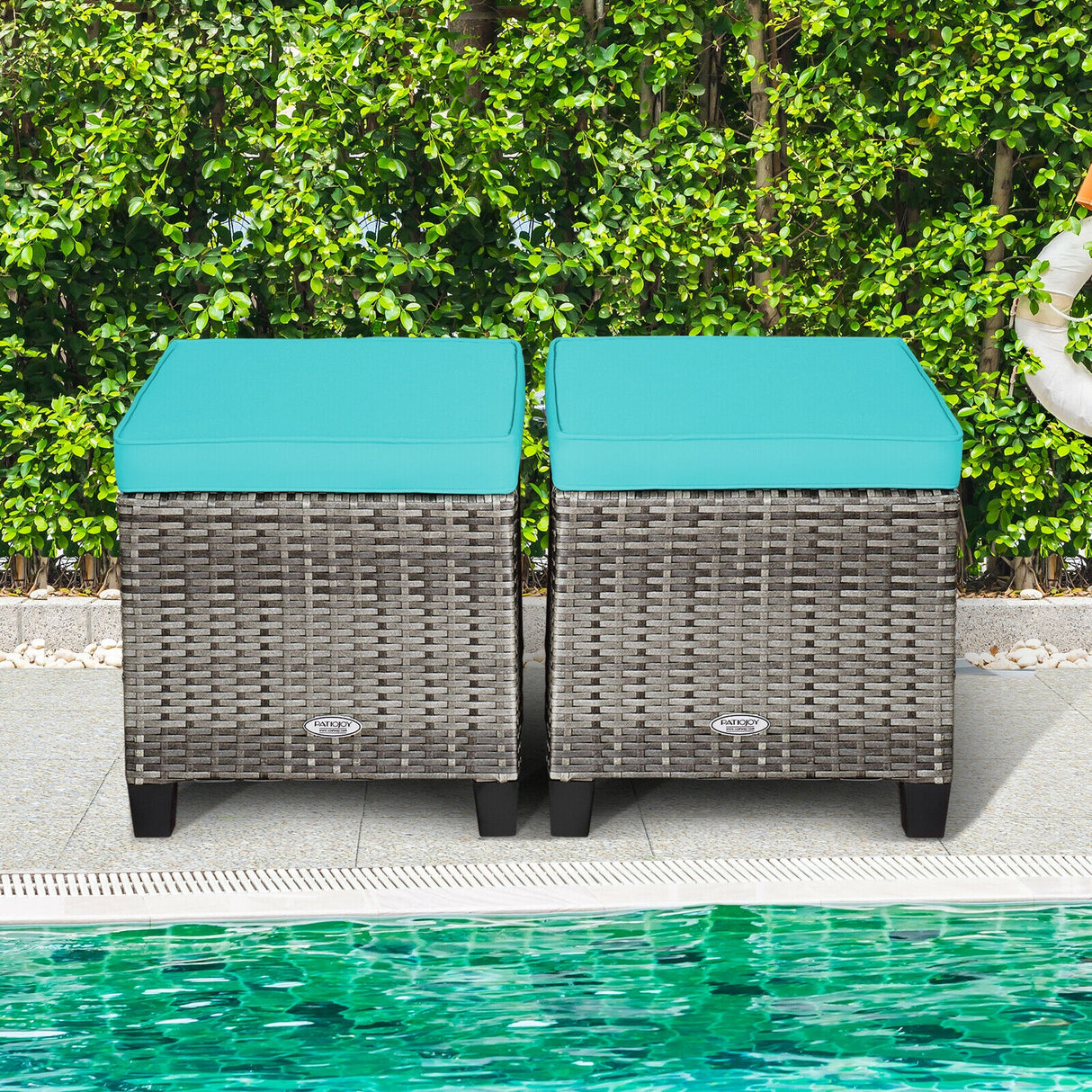 2PCS Patio Rattan Wicker Ottoman Seat with Removable Cushions