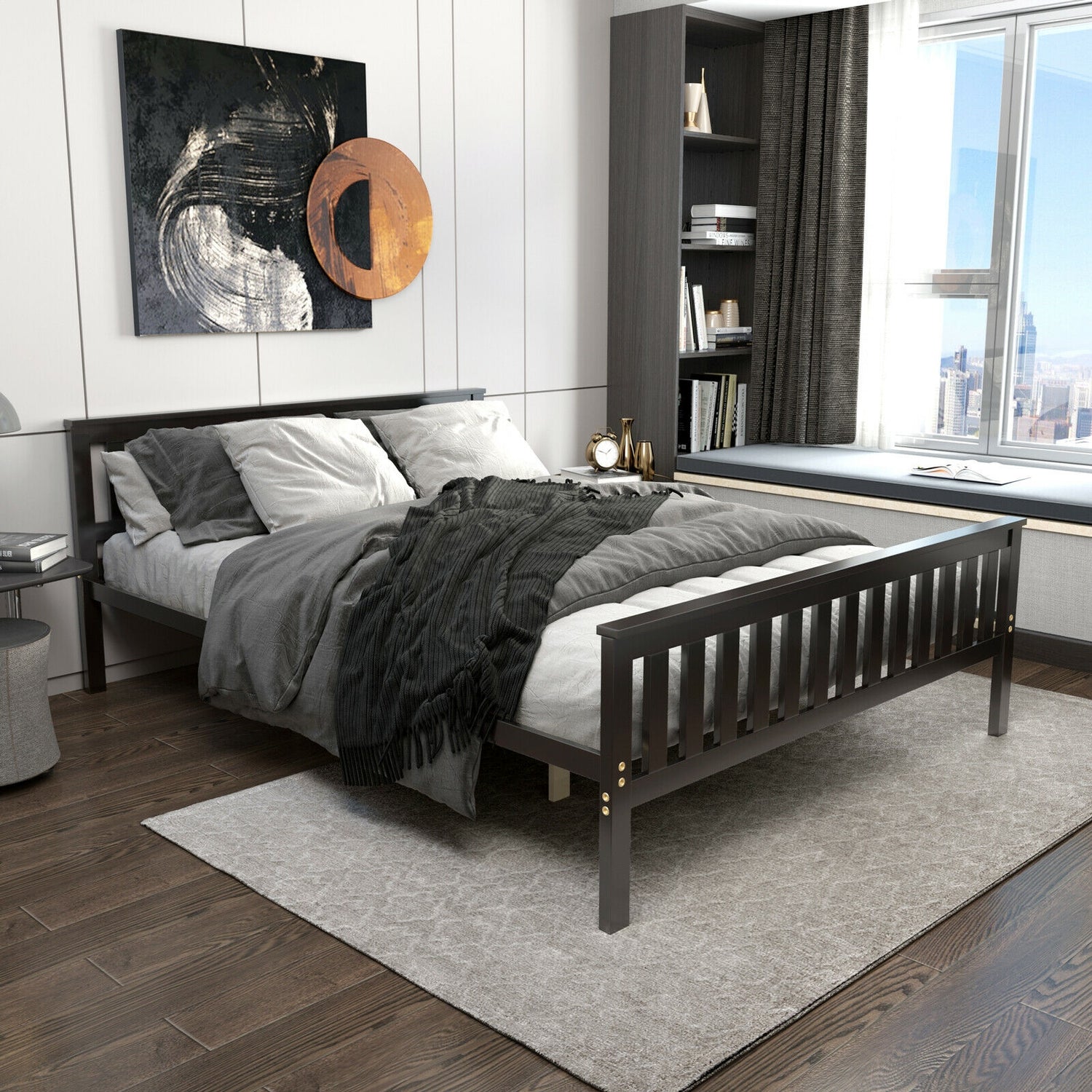 Full Size Wood Platform Bed with Headboard