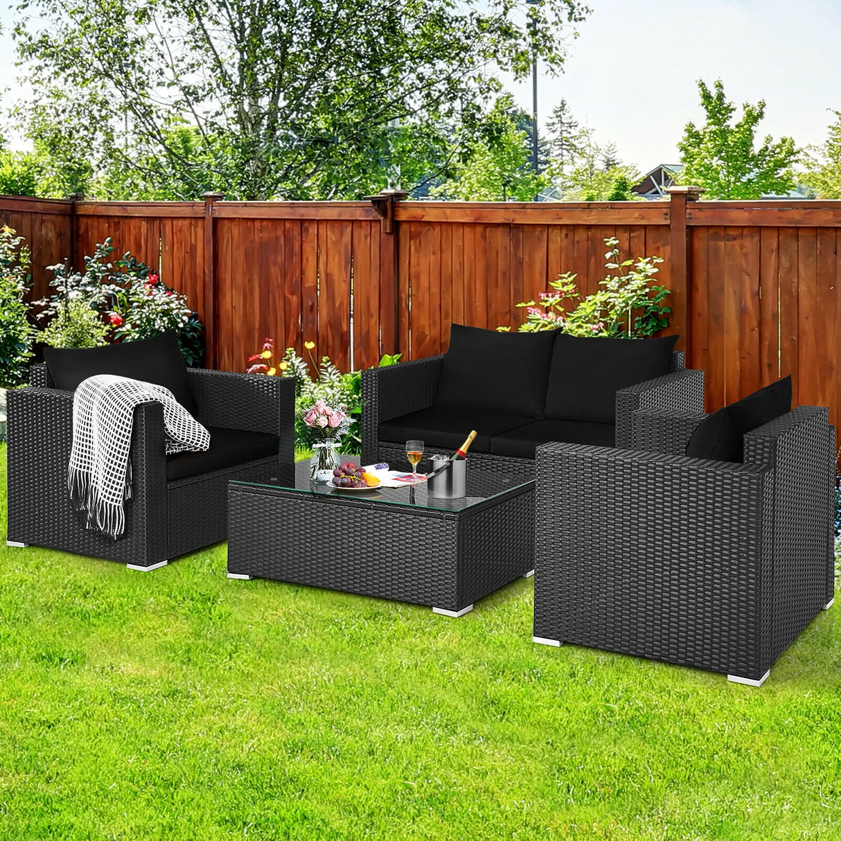4 Pieces Patio Rattan Conversation Set with Cushions and Coffee Table