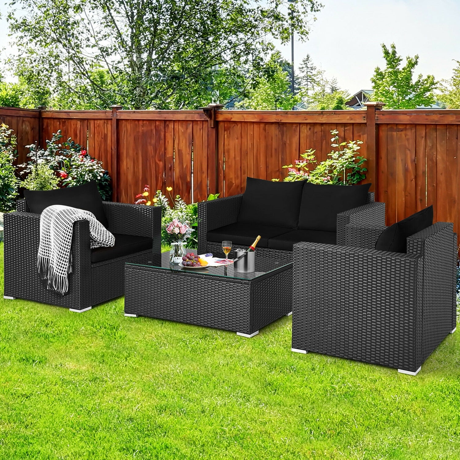 4 Pieces Patio Rattan Conversation Set with Cushions and Coffee Table
