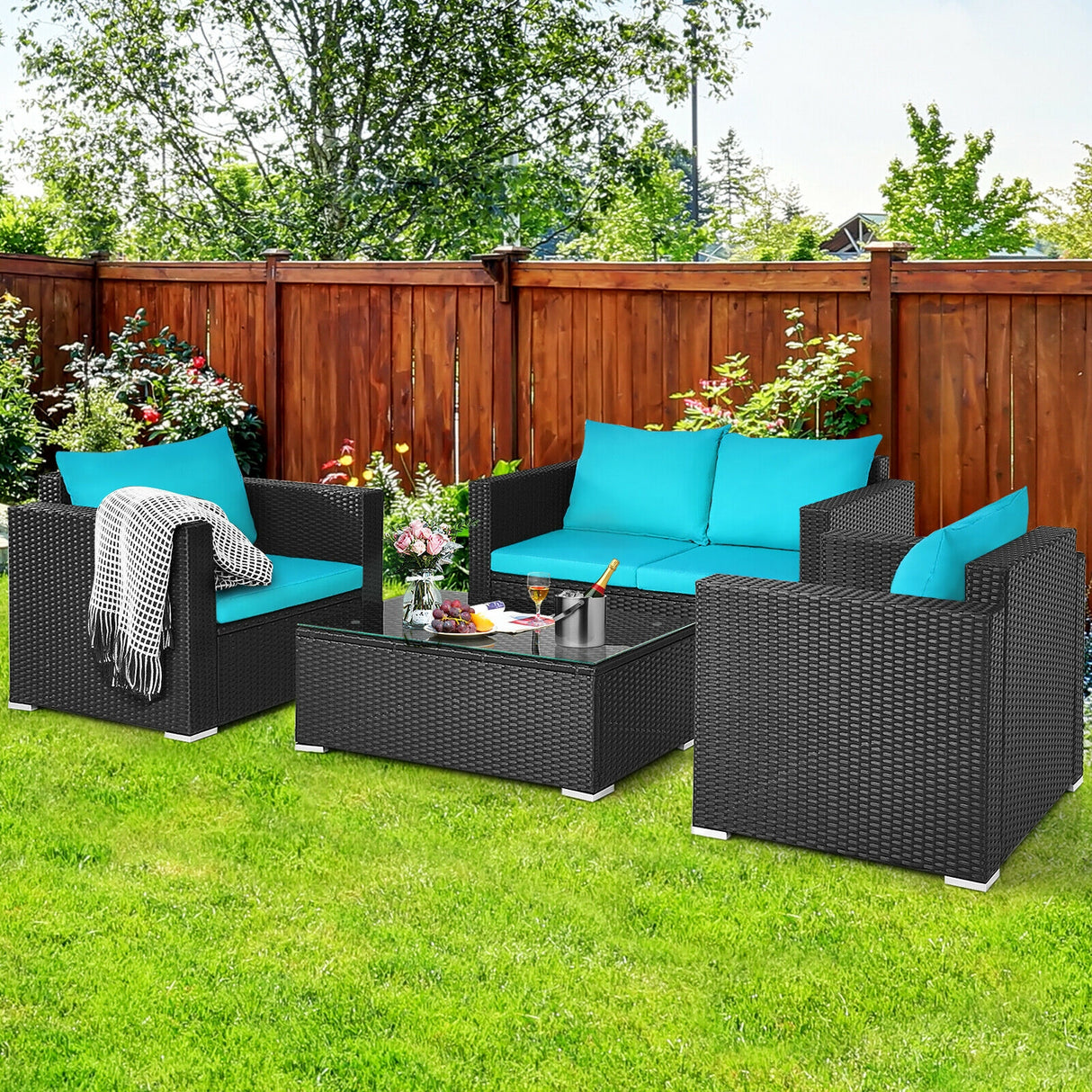 4 Pieces Patio Rattan Conversation Set with Cushions and Coffee Table