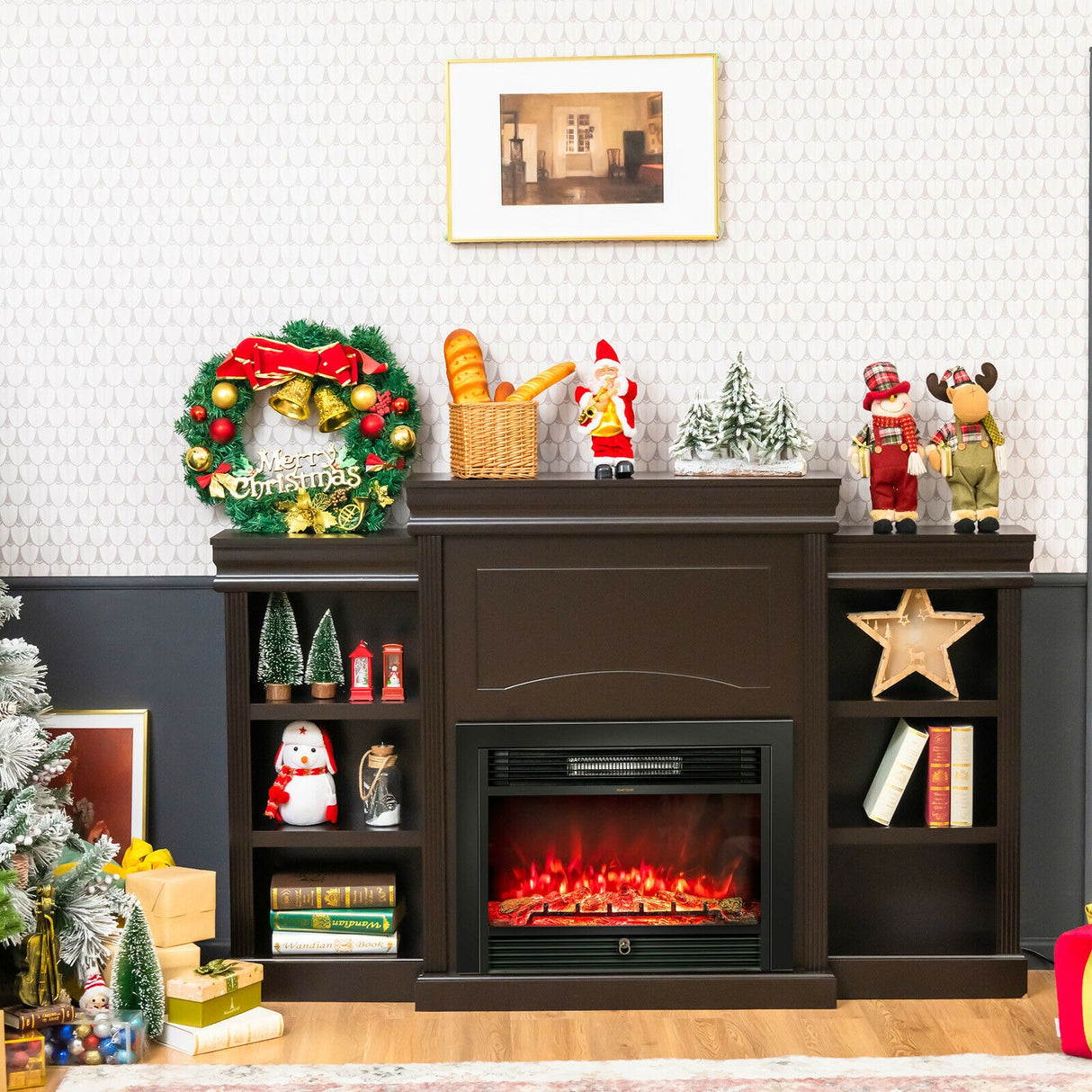 70 Inch Modern Fireplace Media Entertainment Center with Bookcase