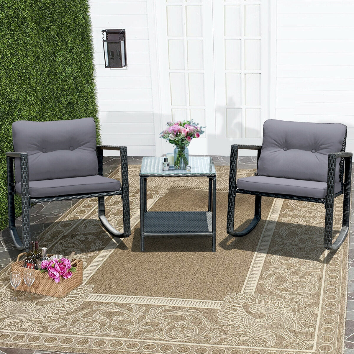 3 Pcs Wicker Rocking Bistro Set with Glass Coffee Table and Storage Shelf