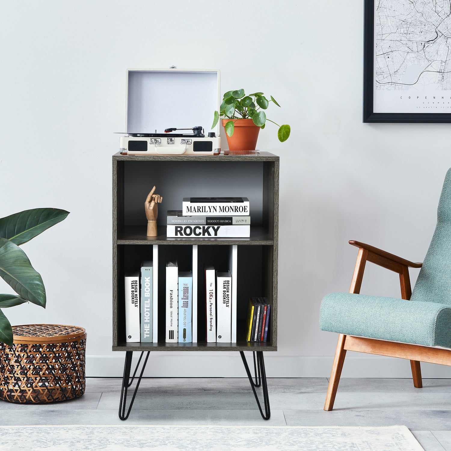 Freestanding Record Player Stand Storage Cabinet with Metal Legs