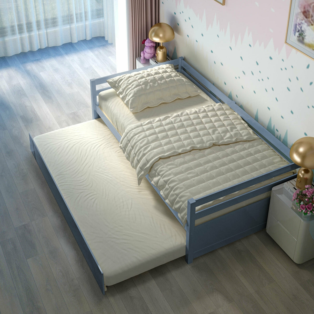 Twin Size Wooden Slat Trundle Platform