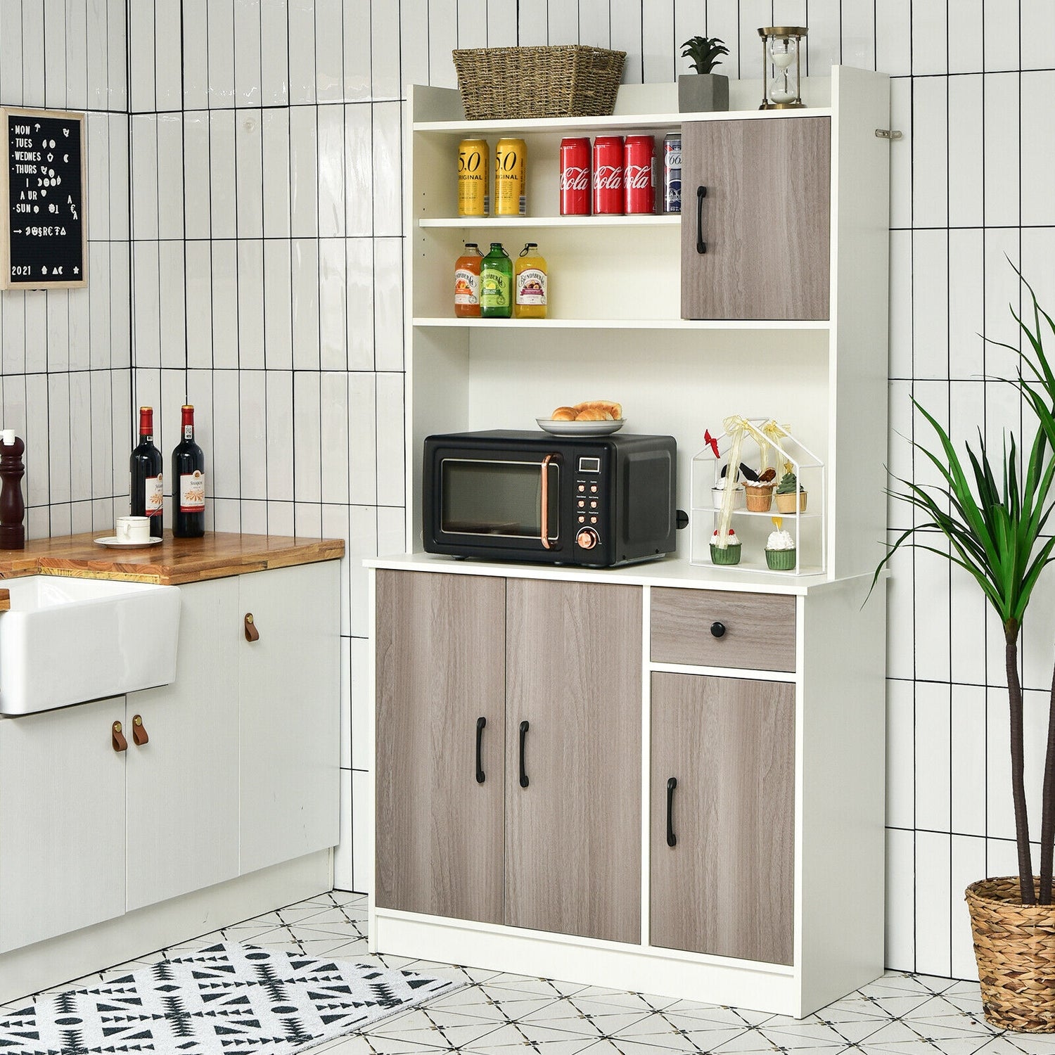 4-Door Freestanding Kitchen Buffet with Hutch and Adjustable Shelves-White