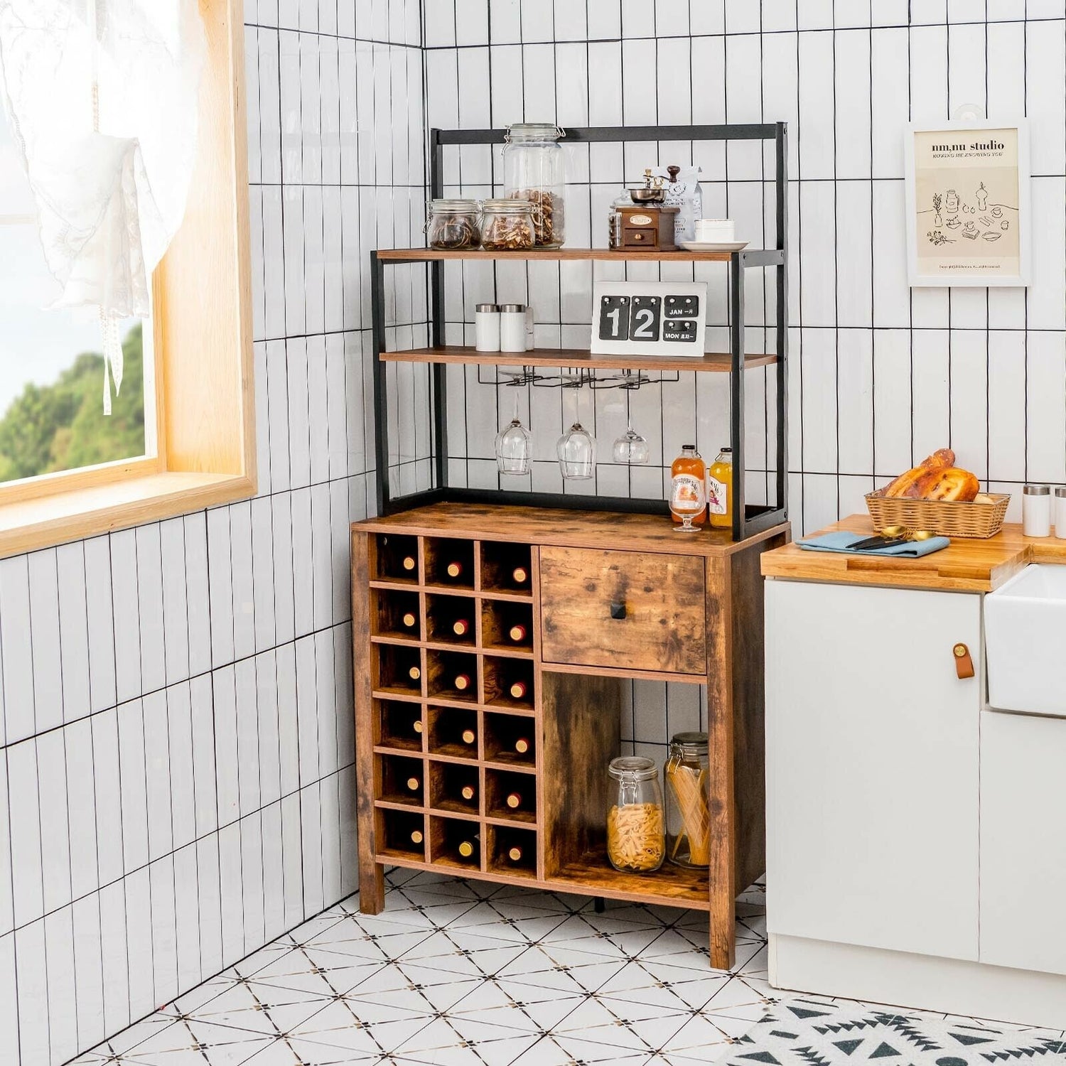 Kitchen Bakers Rack Freestanding Wine Rack Table with Glass Holder and Drawer