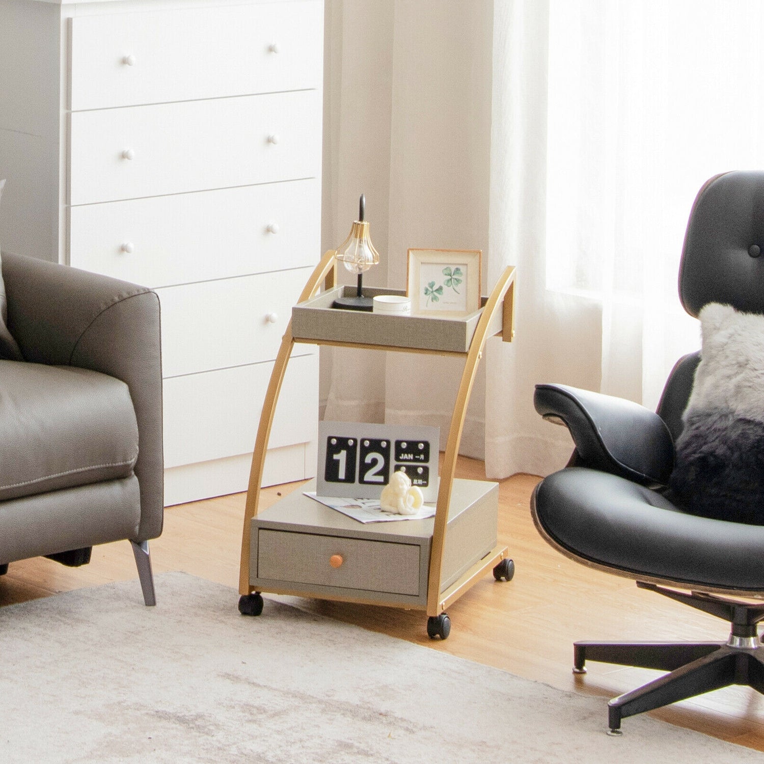Modern 2-Tier Rolling End Table with Tray Top and Pull-Out Drawer-Gray