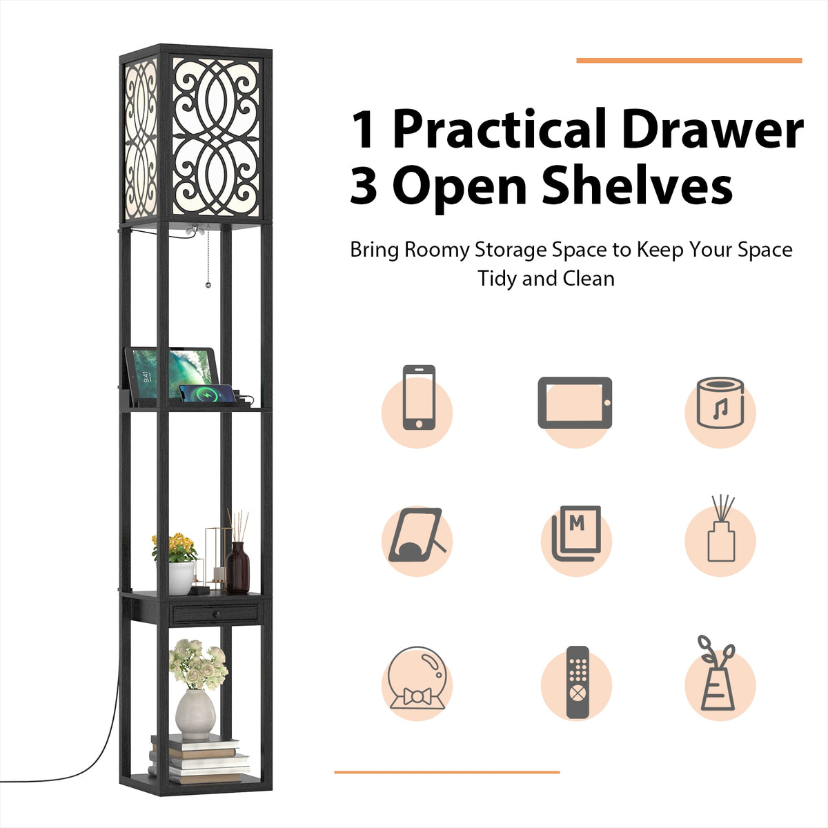 Modern Standing Shelf Lamp with 1 Power Outlet and 2 USB Ports