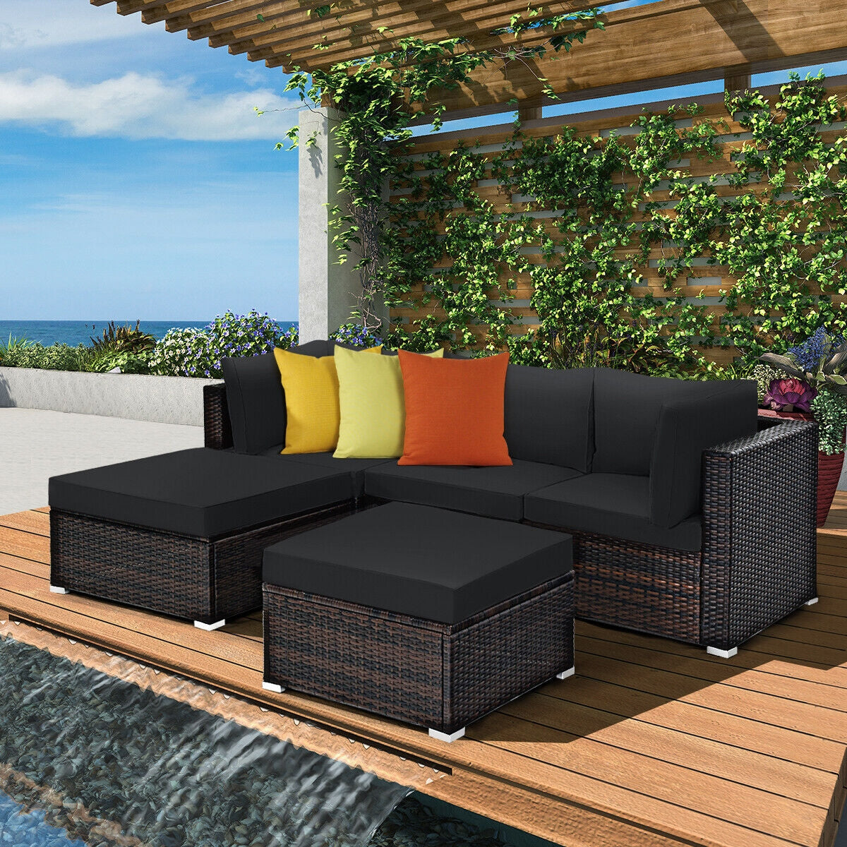 5 Pieces Patio Rattan Sectional Conversation Ottoman Furniture Set