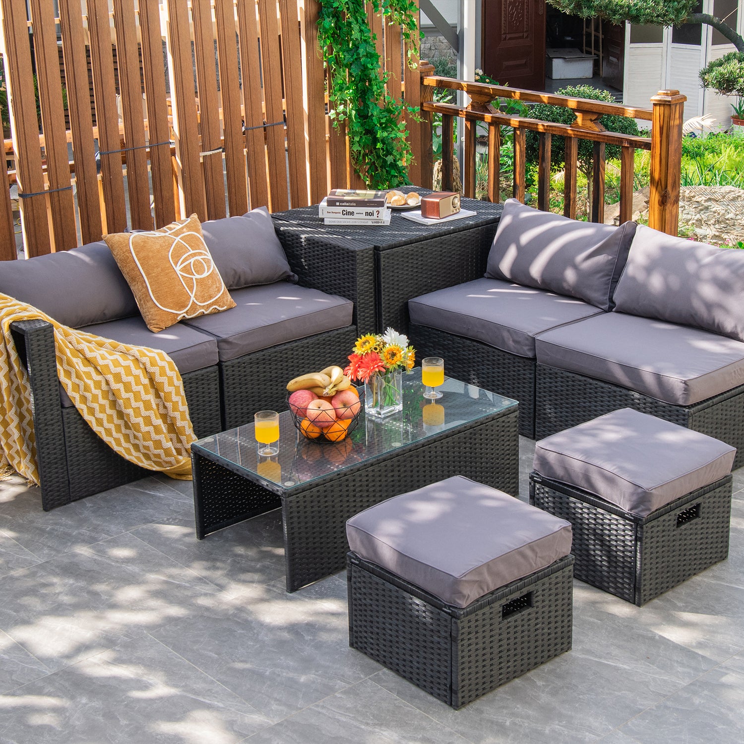 8 Pieces Patio Rattan Storage Table Furniture Set