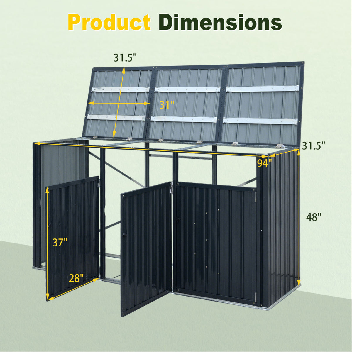 3-Bin Metal Trash Can Storage Shed with Flip-Up Lids for Yard-Dark Gray
