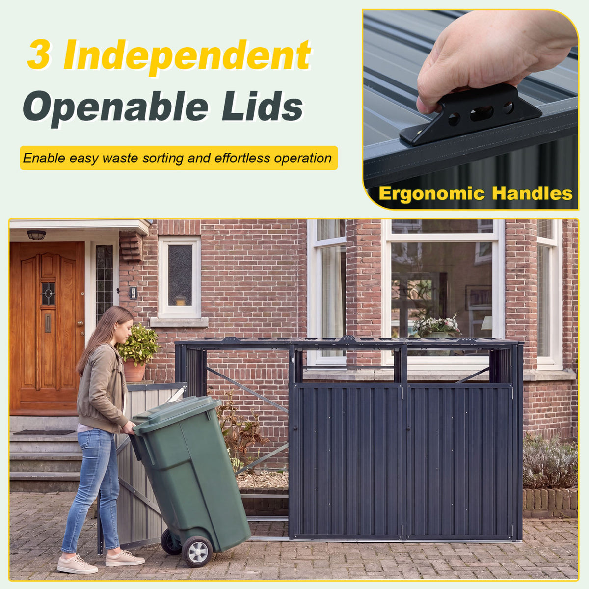 3-Bin Metal Trash Can Storage Shed with Flip-Up Lids for Yard-Dark Gray