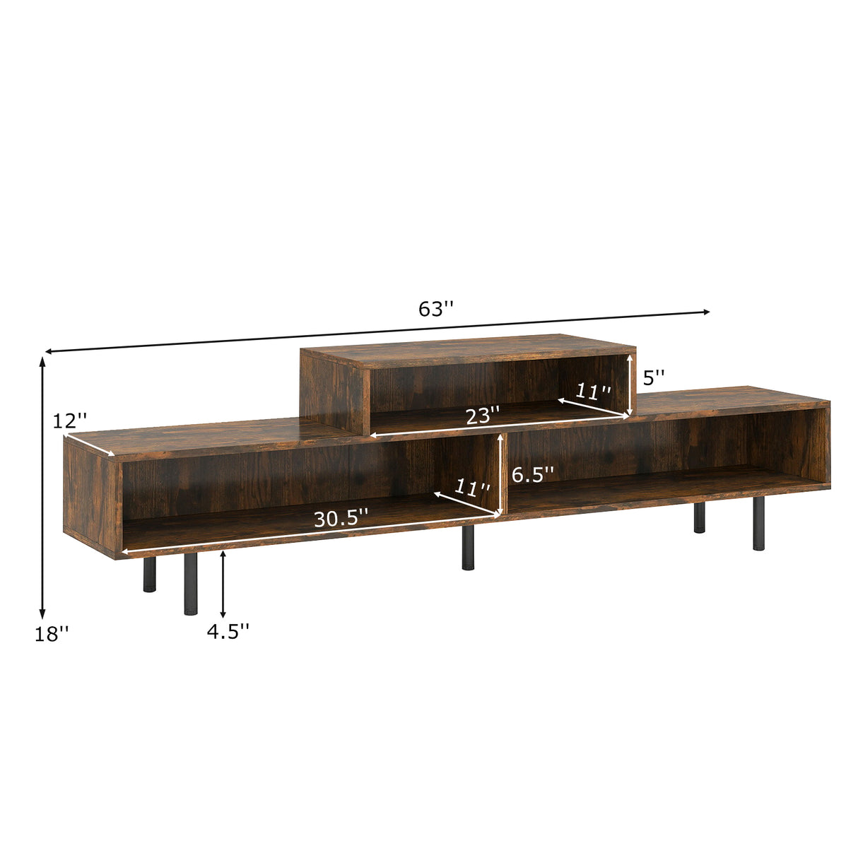 3 Cubby TV Stand for TVs up to 70 Inch with Open Storage Compartments