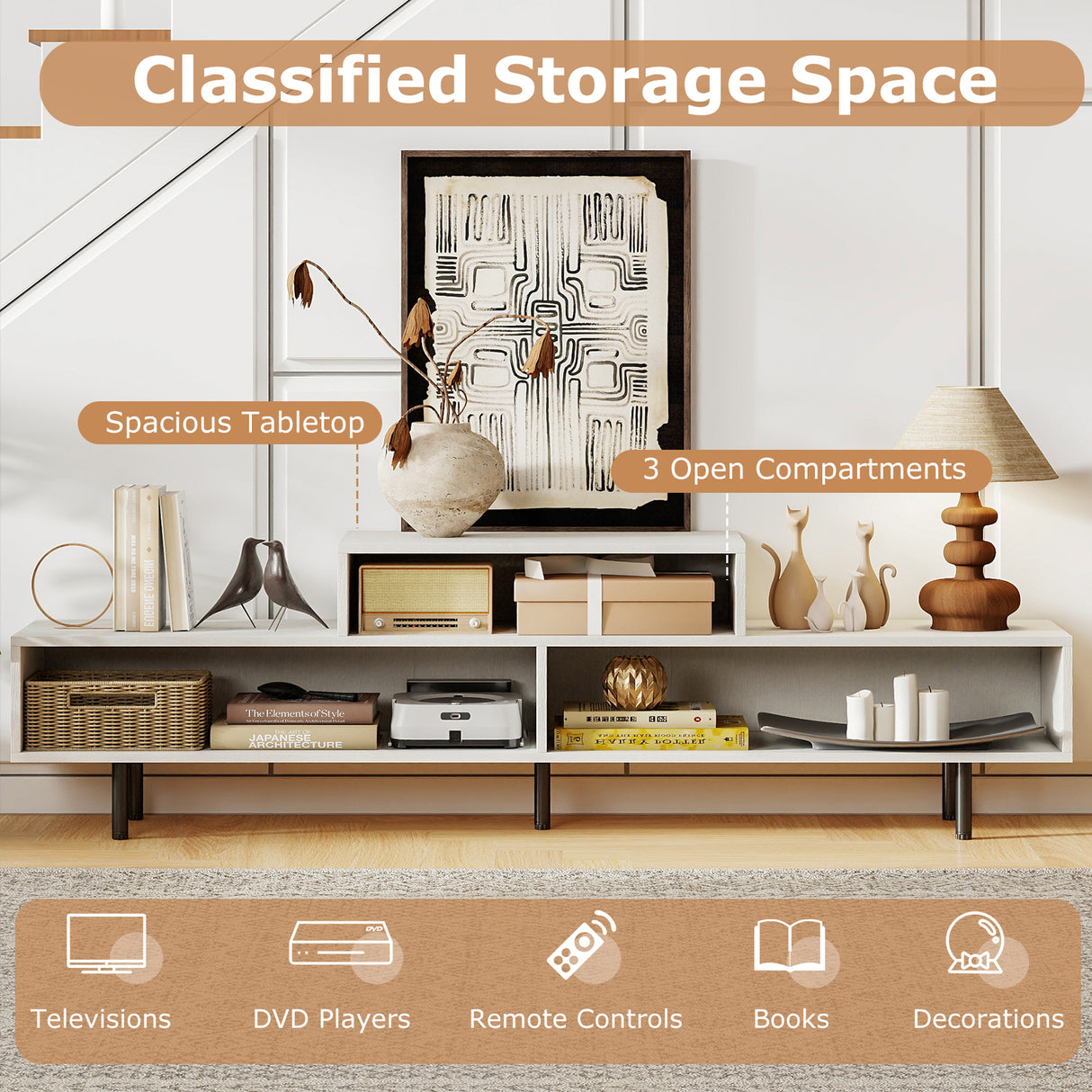 3 Cubby TV Stand for TVs up to 70 Inch with Open Storage Compartments