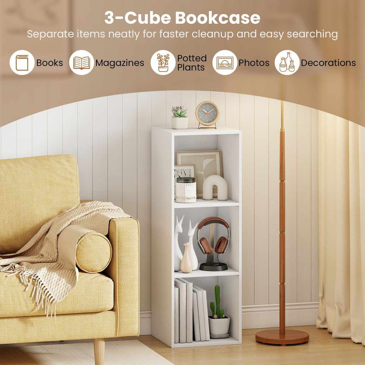 3-Cube Book Shelf Tool-Free Assembly Wooden Bookshelf Modern Bookcase Storage Organizer-White