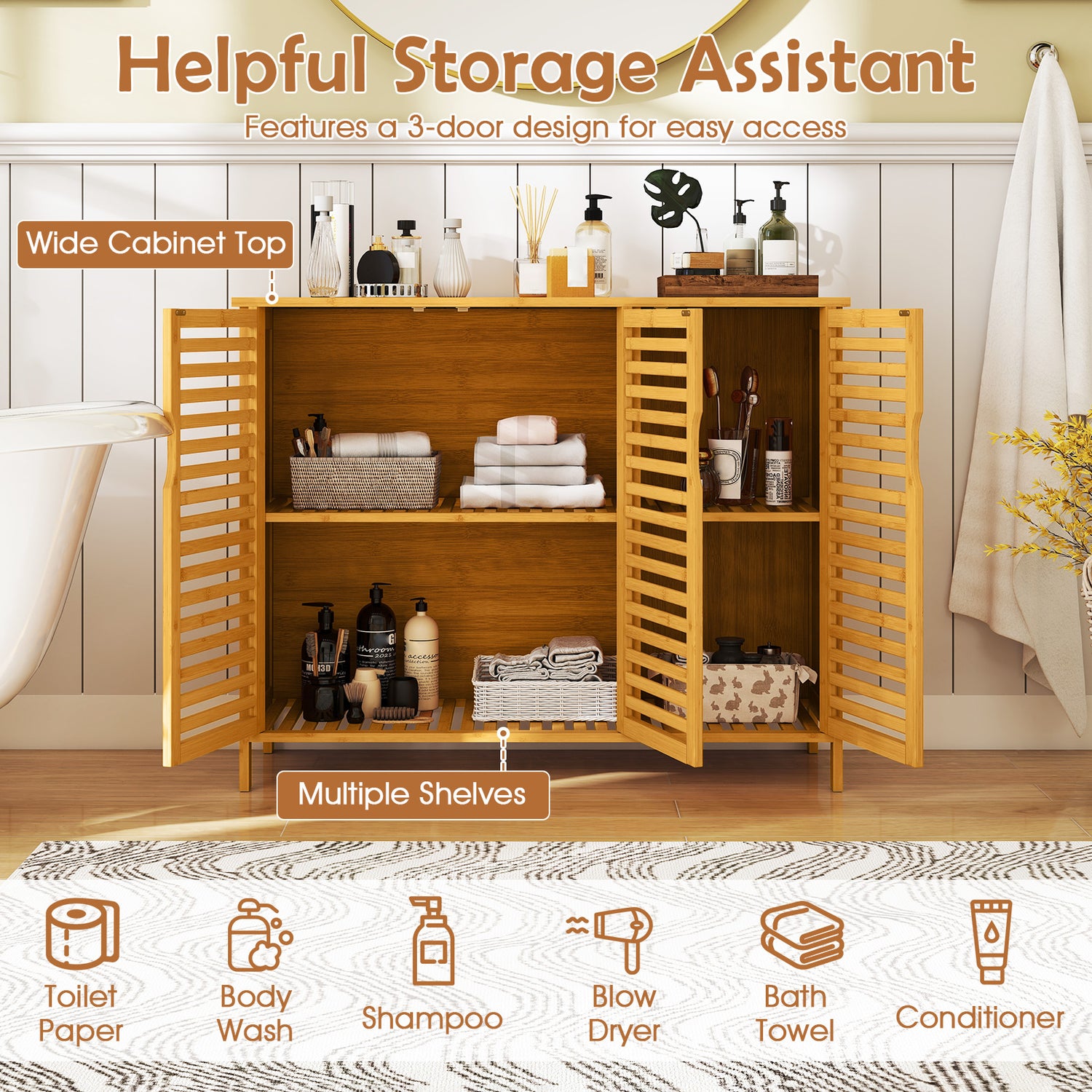 3-Door Bamboo Bathroom Cabinet with Shelves-Natural