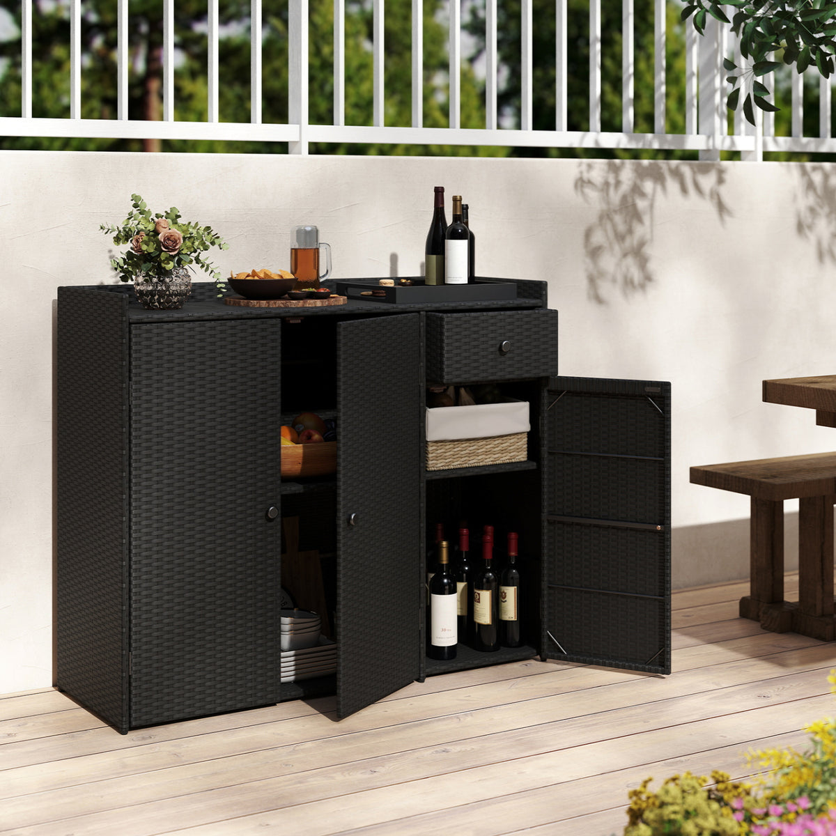 Outdoor PE Wicker Storage Cabinet with 3 Doors for Deck