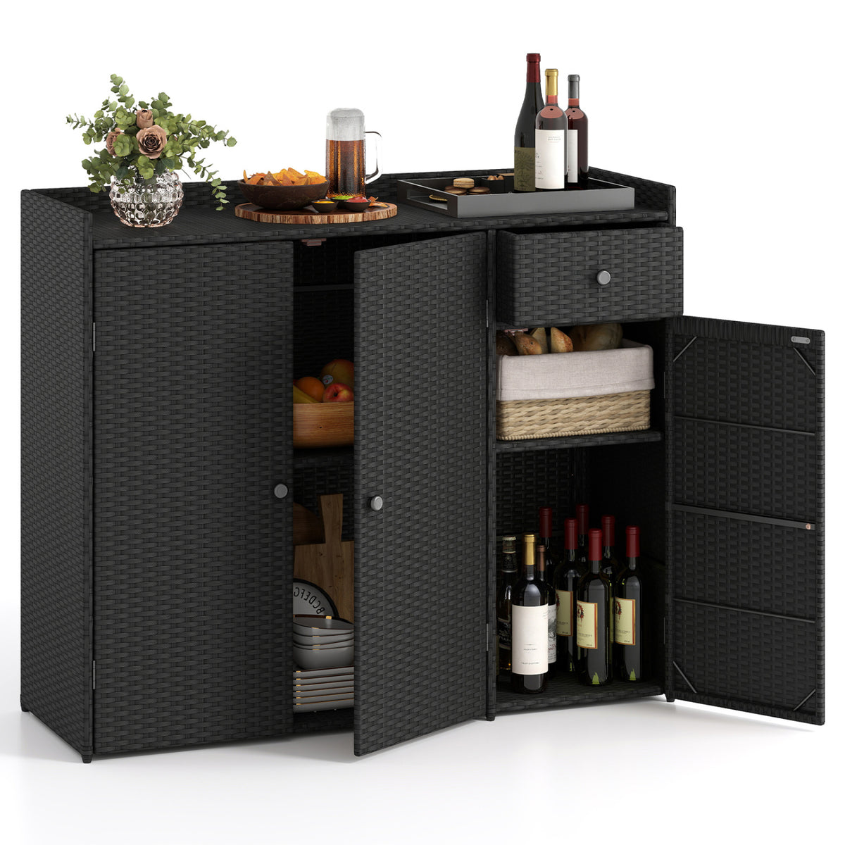 Outdoor PE Wicker Storage Cabinet with 3 Doors for Deck