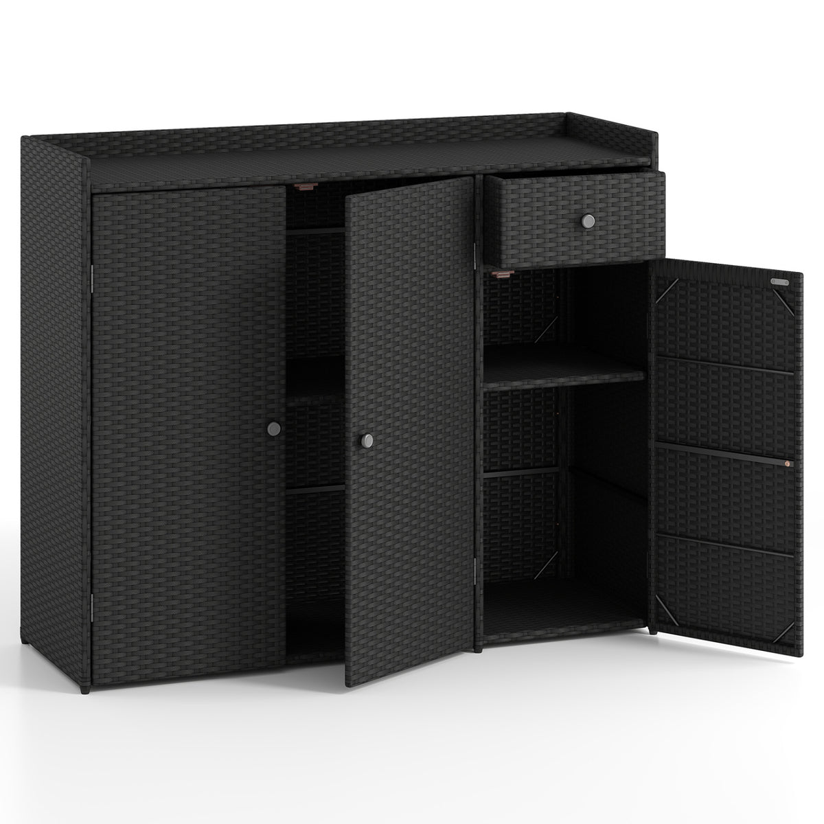 Outdoor PE Wicker Storage Cabinet with 3 Doors for Deck