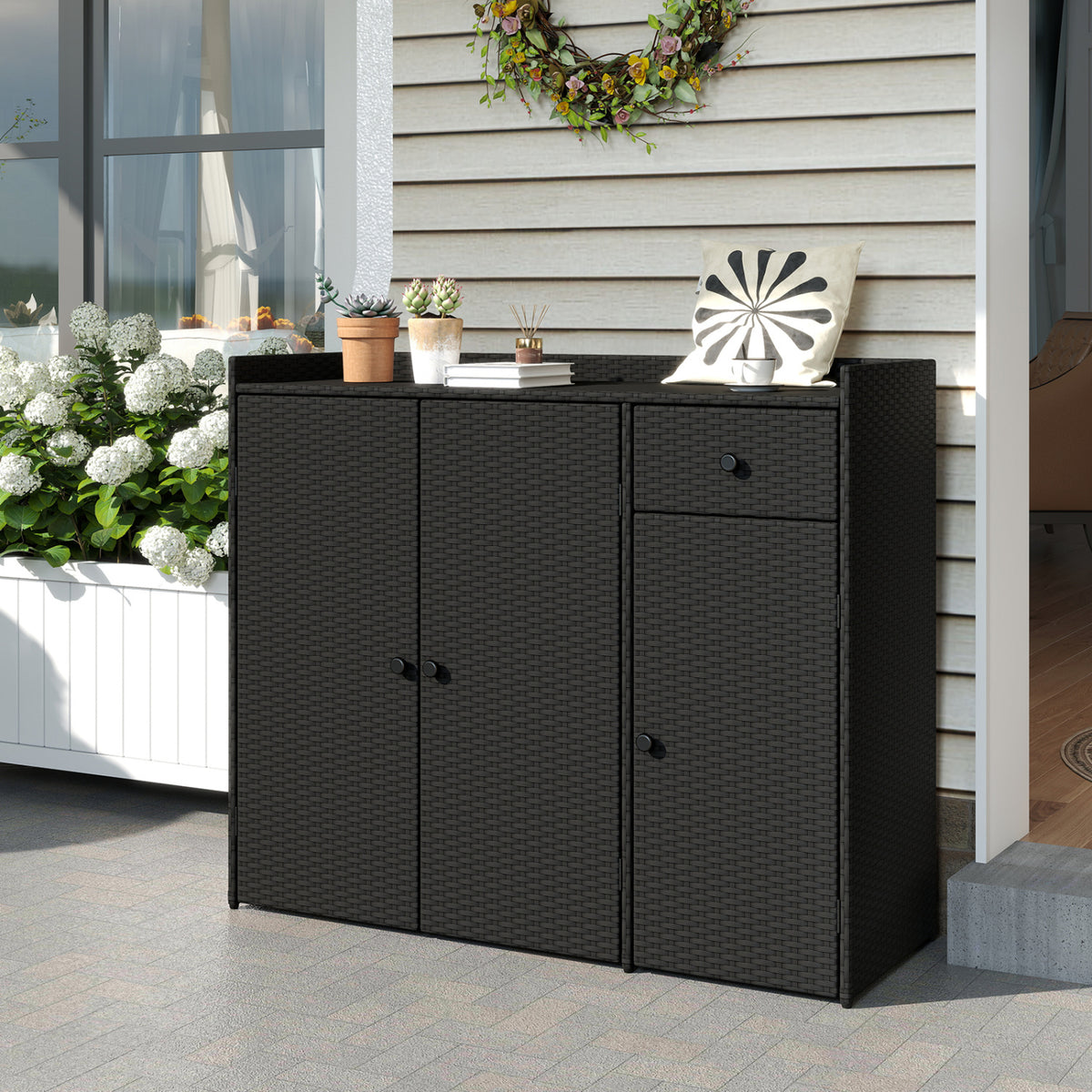 Outdoor PE Wicker Storage Cabinet with 3 Doors for Deck