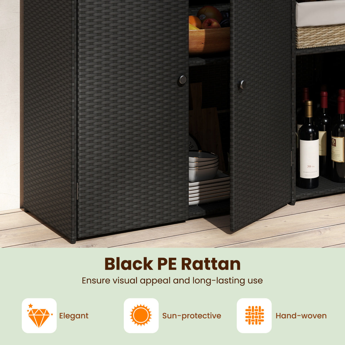 Outdoor PE Wicker Storage Cabinet with 3 Doors for Deck