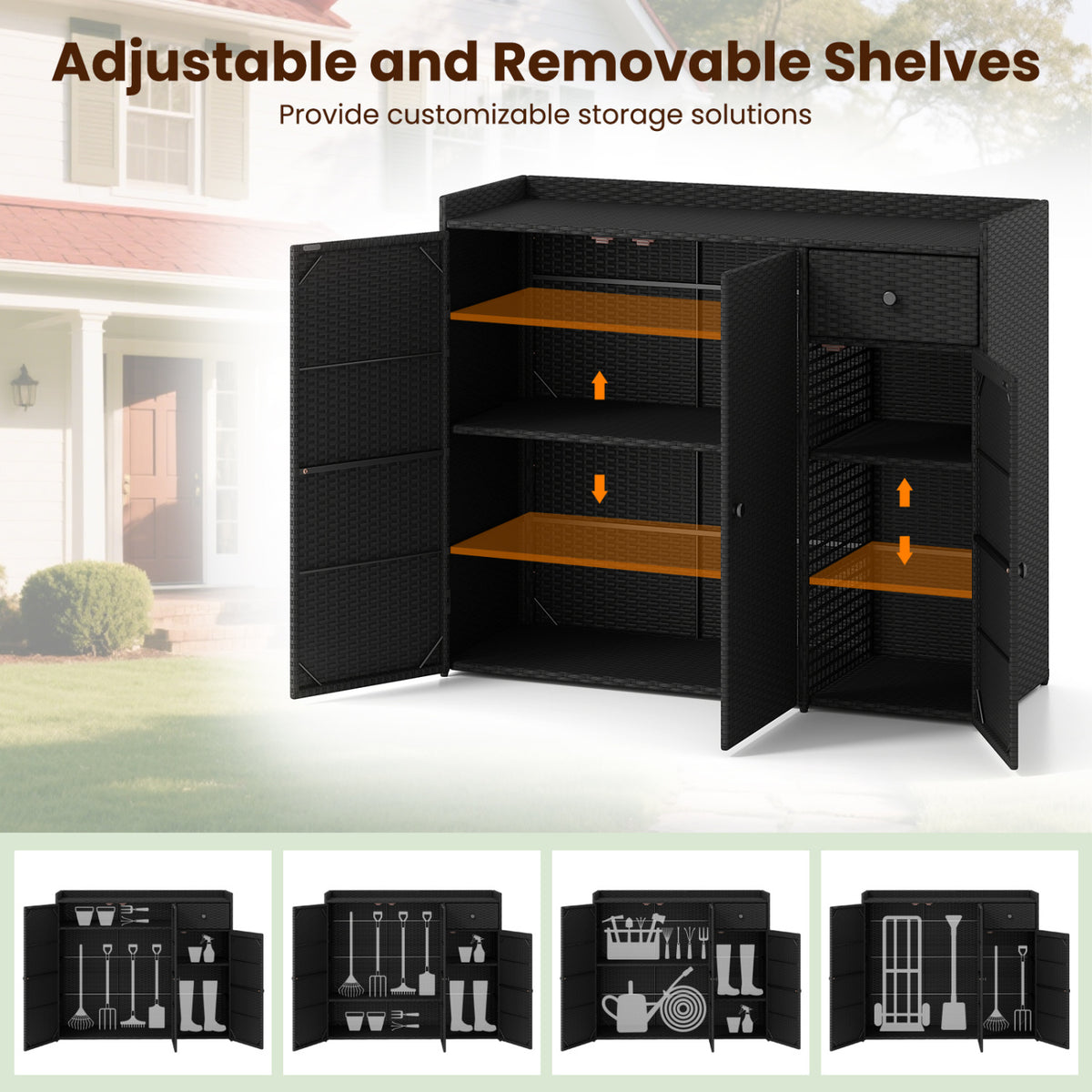 Outdoor PE Wicker Storage Cabinet with 3 Doors for Deck