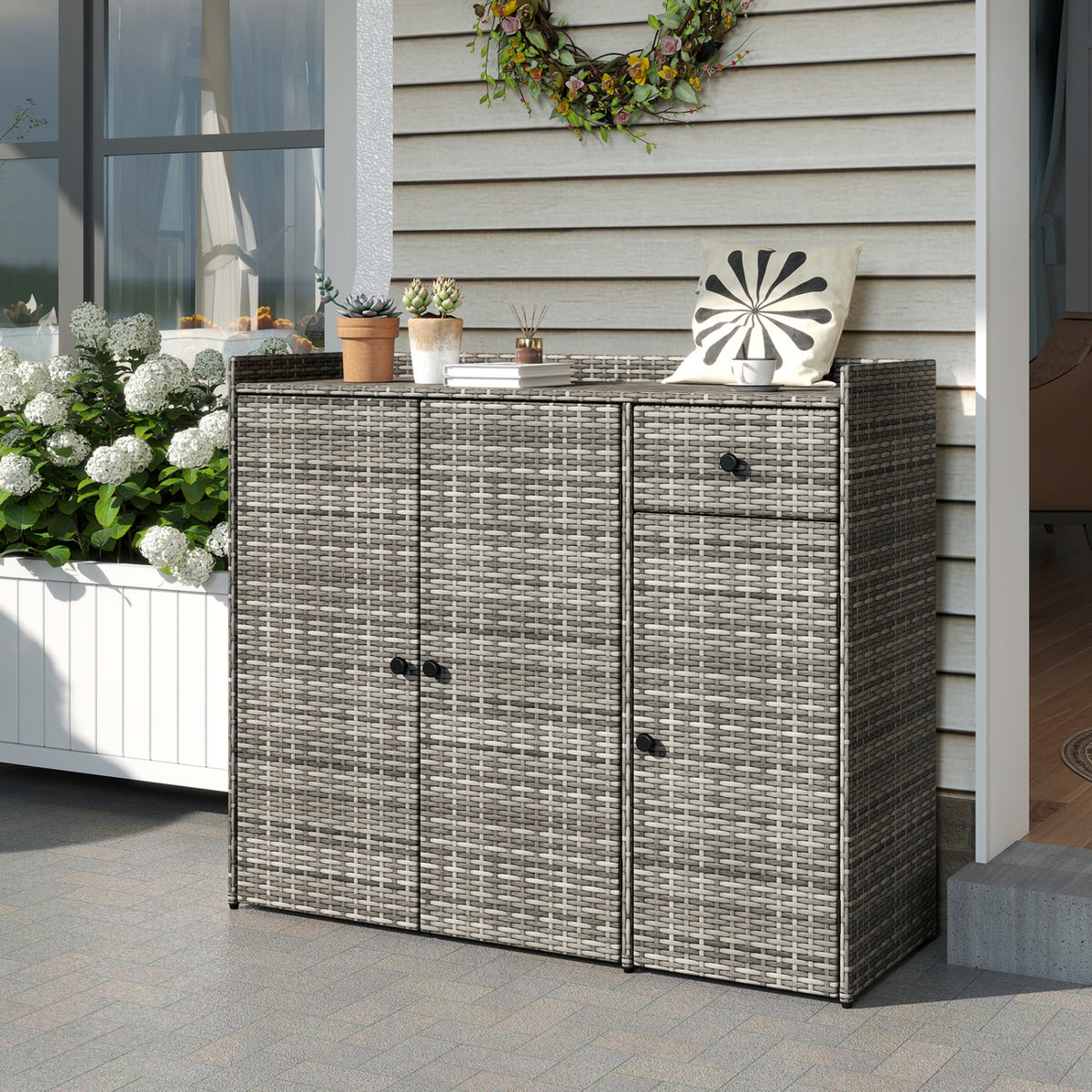 Outdoor PE Wicker Storage Cabinet with 3 Doors for Deck