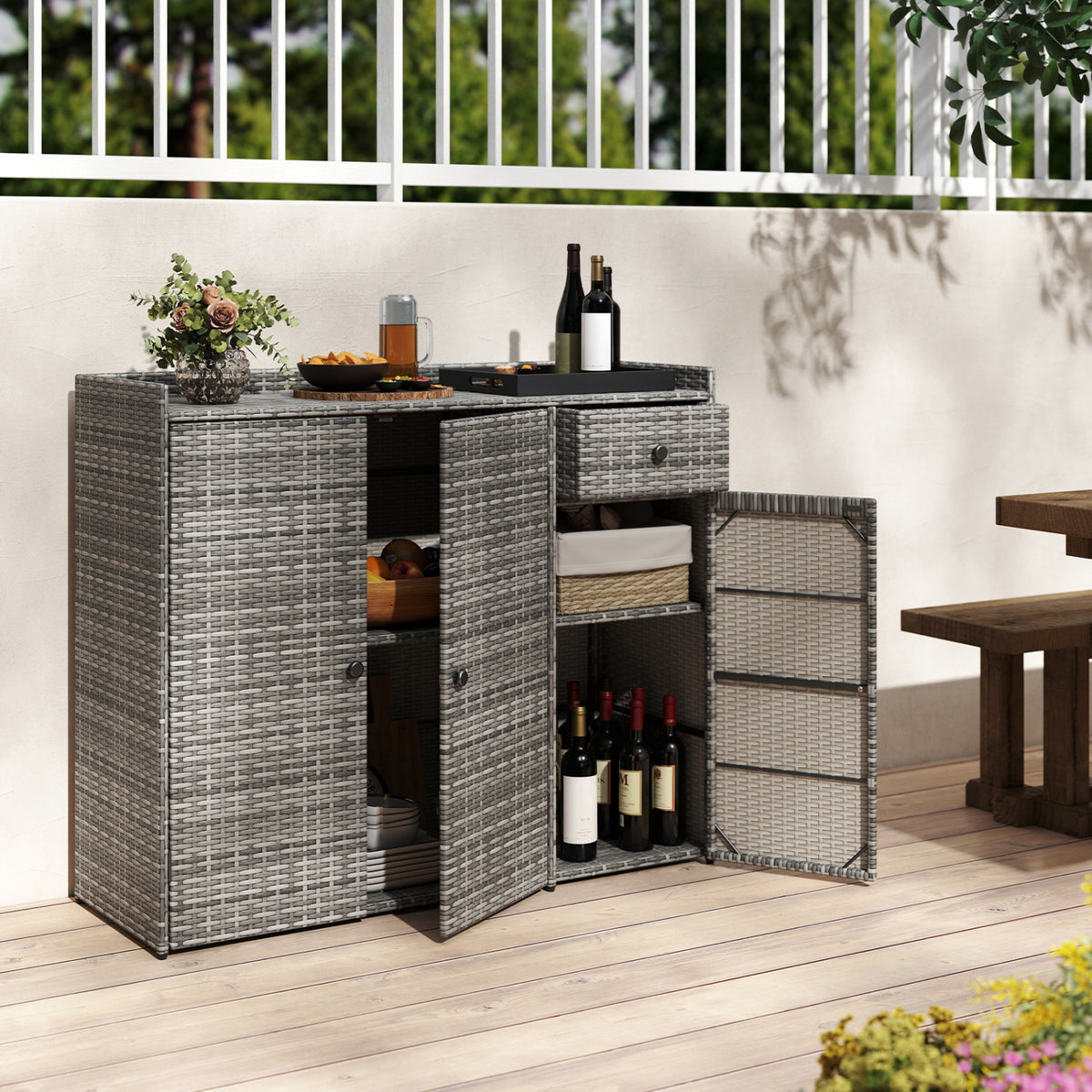 Outdoor PE Wicker Storage Cabinet with 3 Doors for Deck