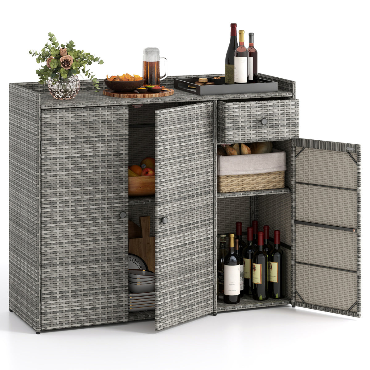 Outdoor PE Wicker Storage Cabinet with 3 Doors for Deck