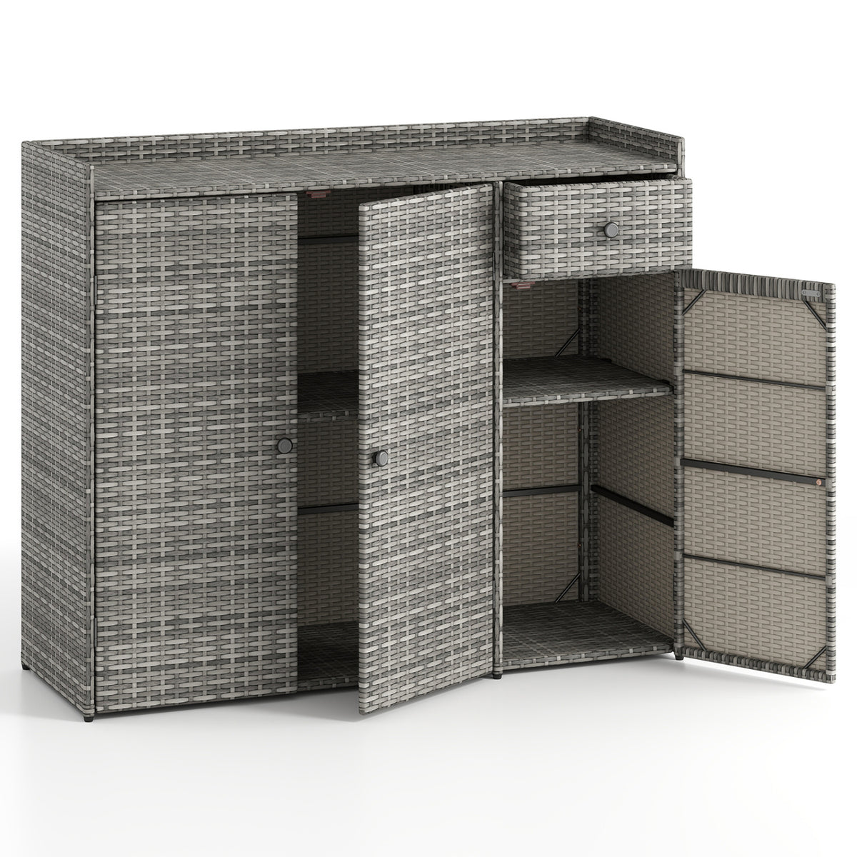 Outdoor PE Wicker Storage Cabinet with 3 Doors for Deck