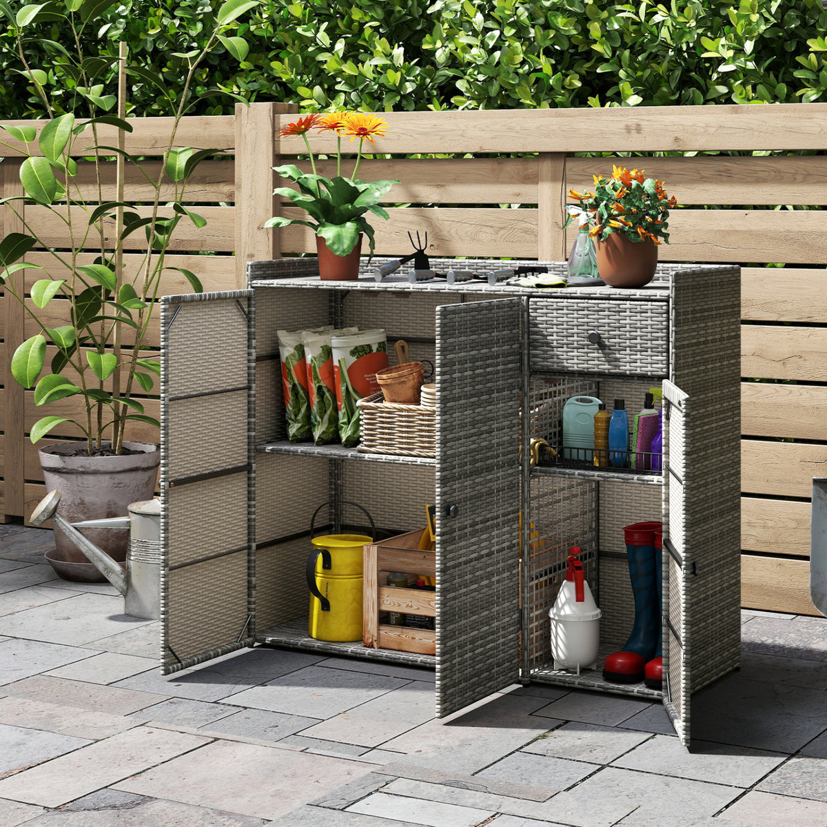 Outdoor PE Wicker Storage Cabinet with 3 Doors for Deck