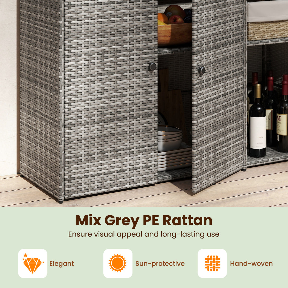 Outdoor PE Wicker Storage Cabinet with 3 Doors for Deck