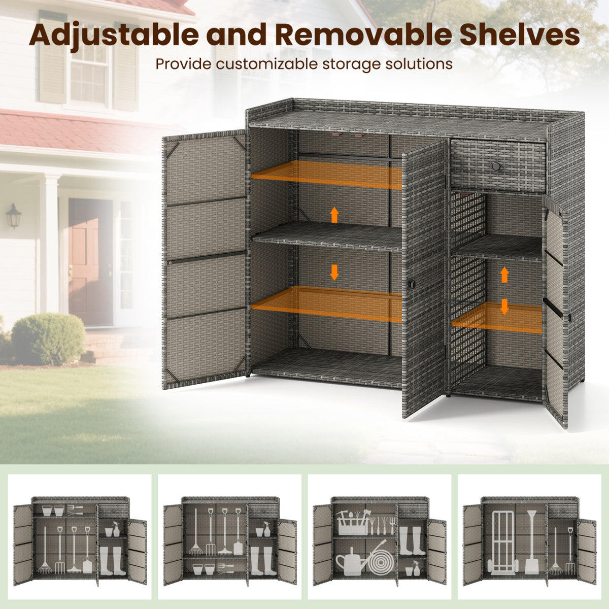 Outdoor PE Wicker Storage Cabinet with 3 Doors for Deck