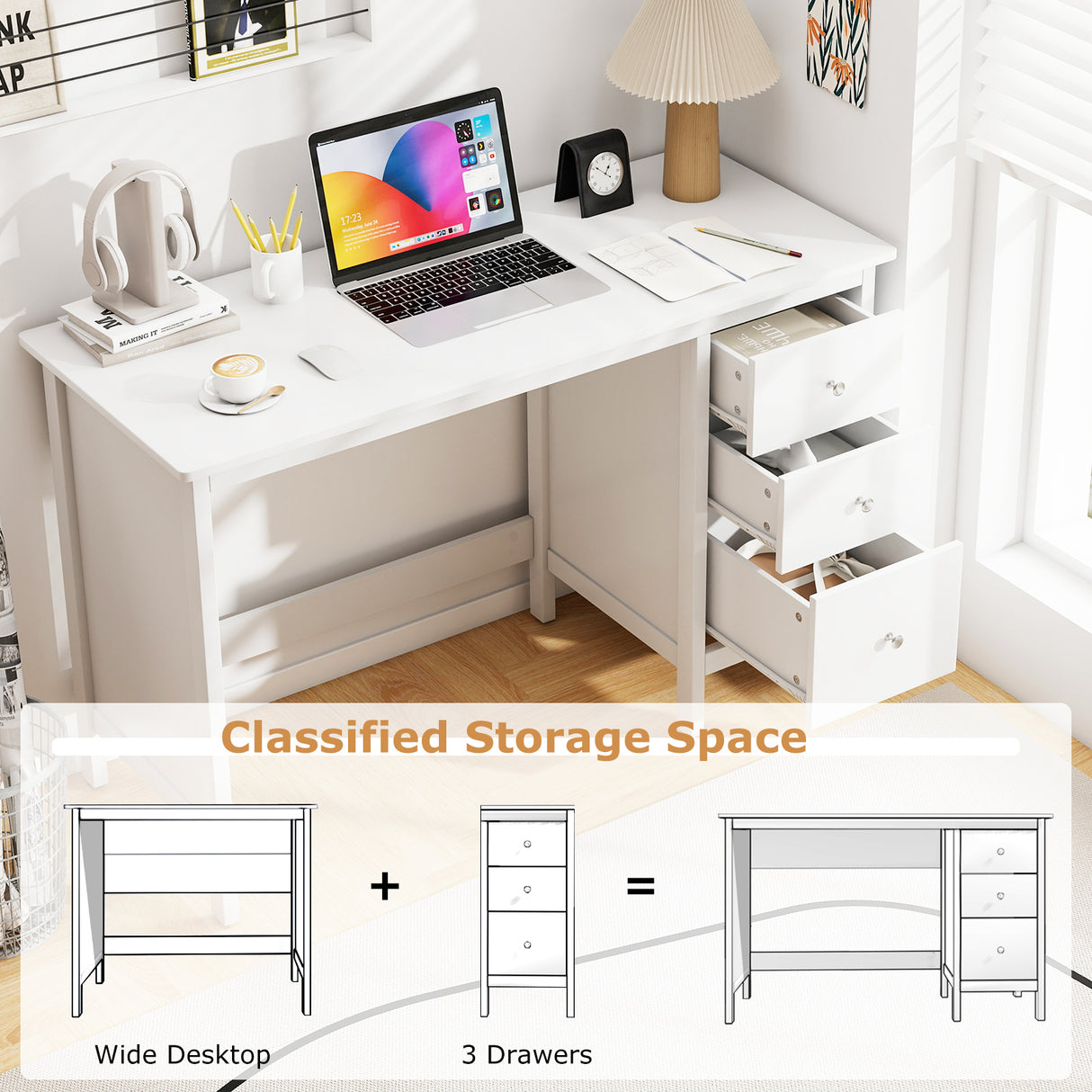 3-Drawer Home Office Study Computer Desk with Spacious Desktop