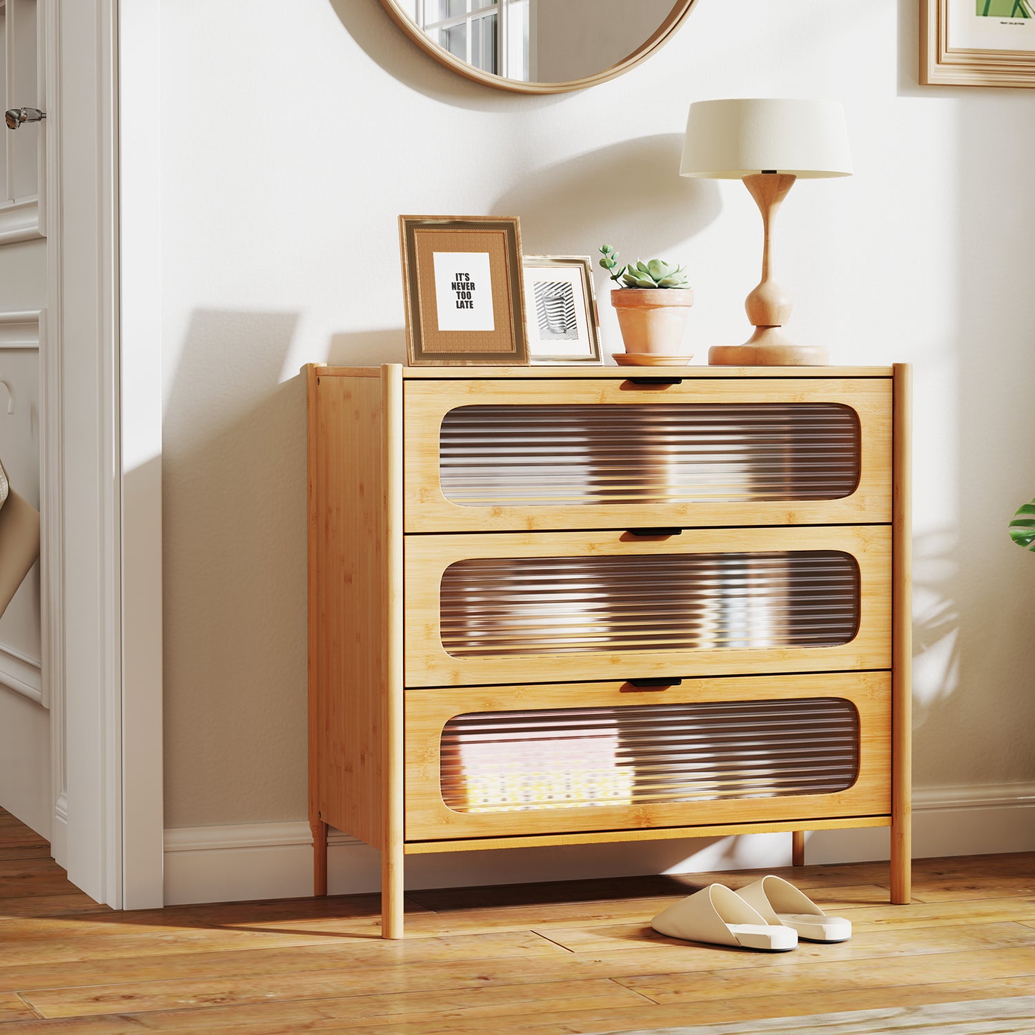 3 Drawer Mid Century Modern Chest of Drawers with Reeded Tempered Glass Front-Natural