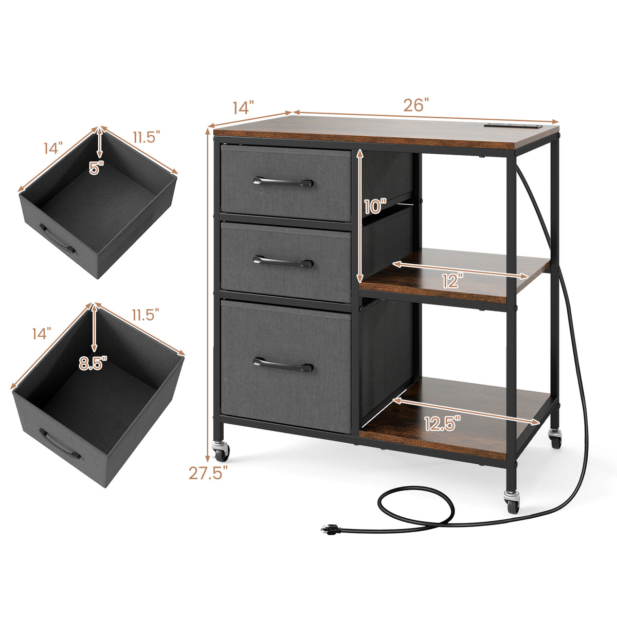 3 Drawer Mobile File Cabinet with Charging Station Rolling Printer Stand with Open Storage Shelves