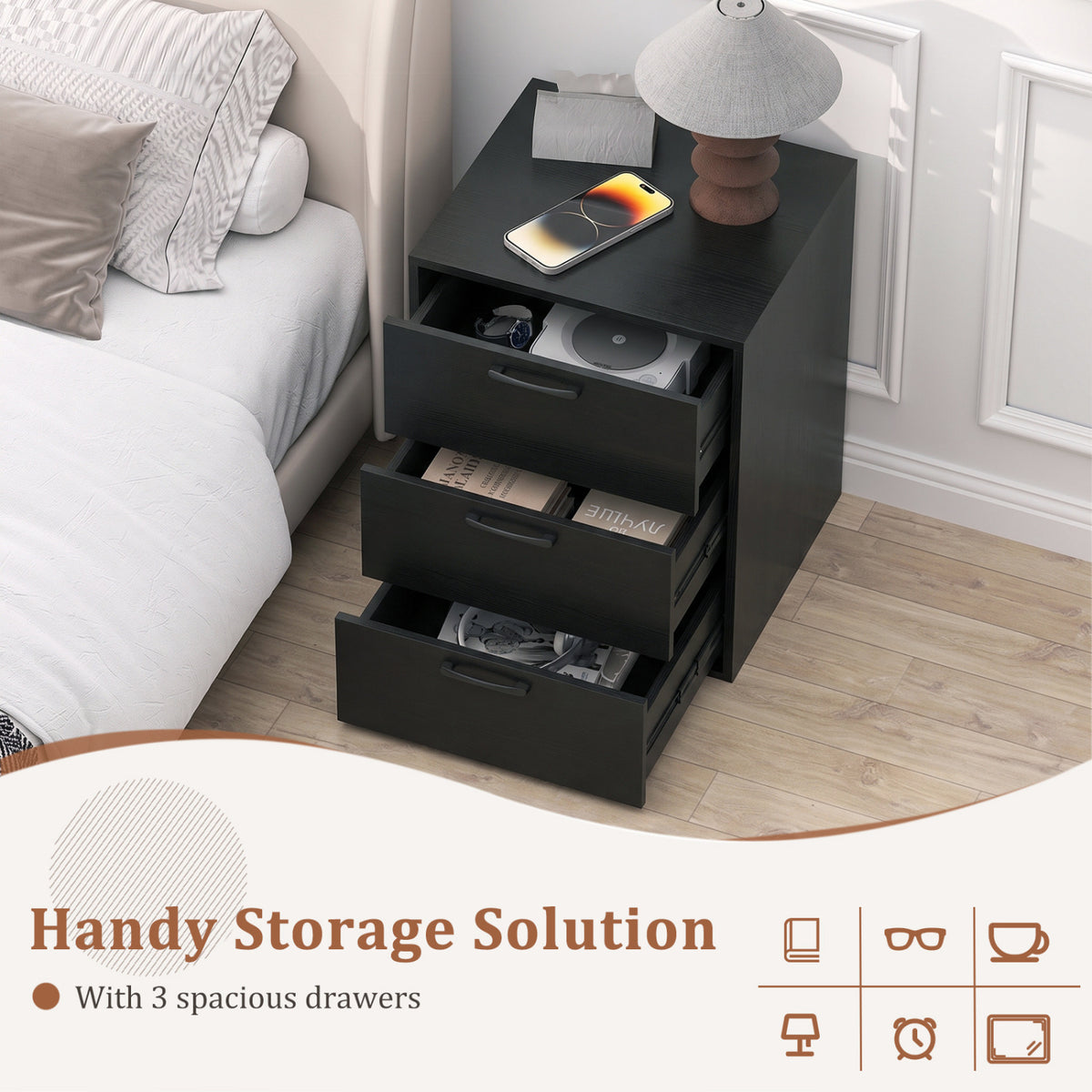 3 Drawer Nightstand with Wood Grain Finish and Storage for Living Room Bedroom Study