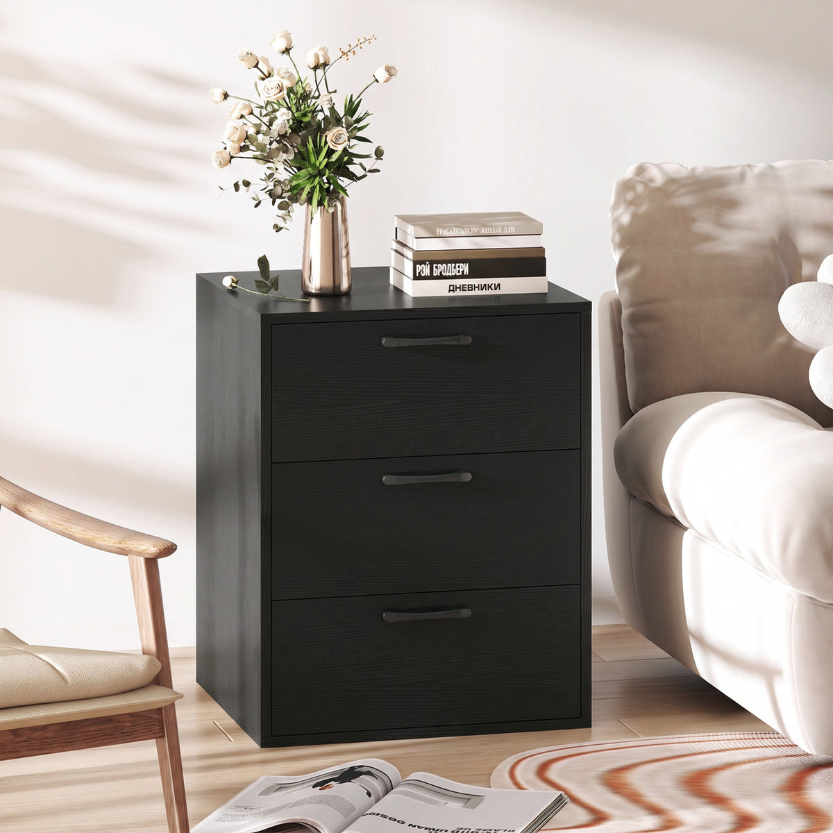 3 Drawer Nightstand with Wood Grain Finish and Storage for Living Room Bedroom Study