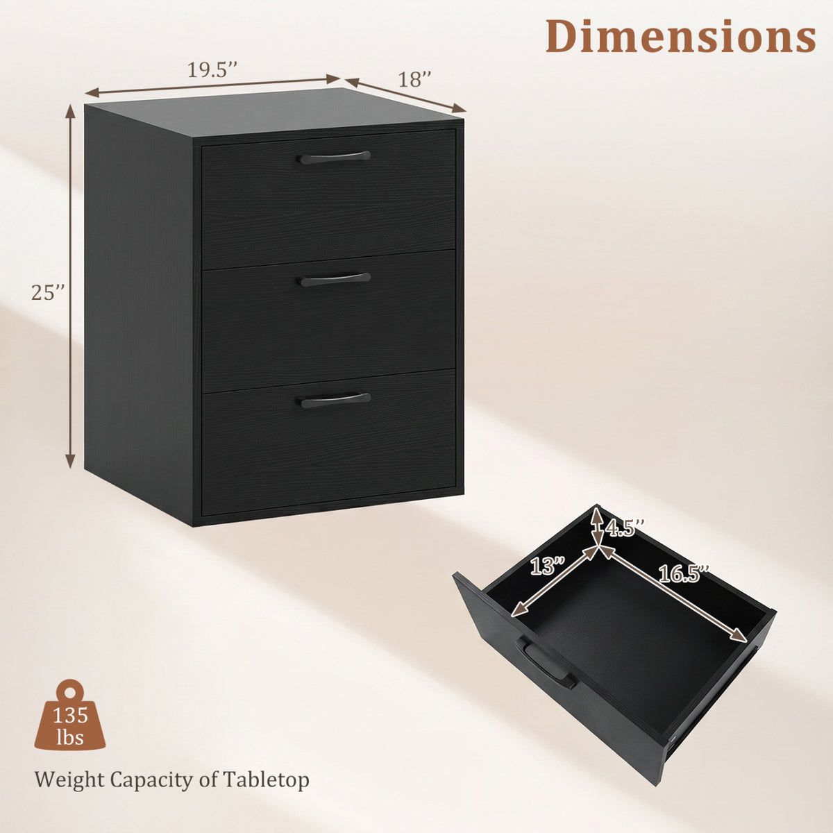 3 Drawer Nightstand with Wood Grain Finish and Storage for Living Room Bedroom Study