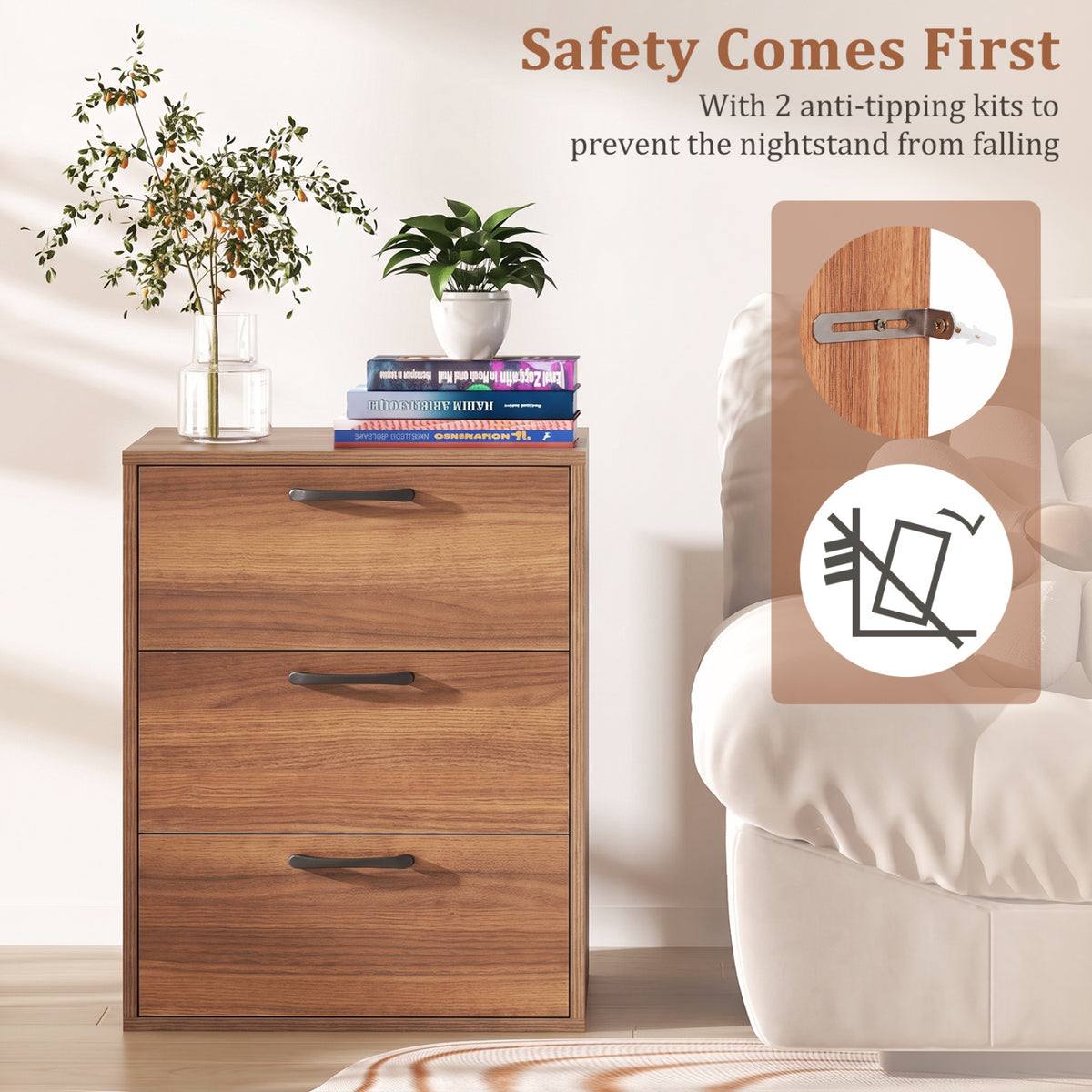 3 Drawer Nightstand with Wood Grain Finish and Storage for Living Room Bedroom Study