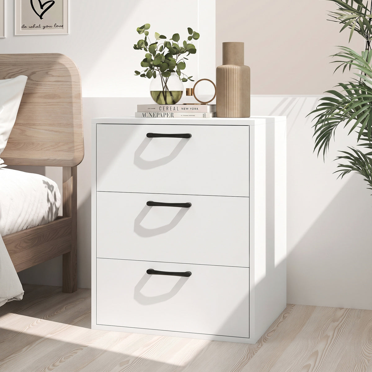 3 Drawer Nightstand with Wood Grain Finish and Storage for Living Room Bedroom Study